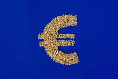 Buğdaydan yapılmış Euro sembolü. Mavi Avrupa Birliği Bayrak arkaplanı.