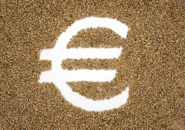 Euro sembolü. Buğday. Tahıl. Tarım politikaları AB. Üst görünüm.