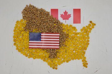 Map of United States of America filled with corn grain and wheat. The wheat belt of America and Canada supplies a significant portion of the global wheat demand. American and Canadian flags. clipart