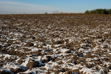 Ufukta tarla sürülen bir tarla hafifçe karla kaplıdır. Kar eksikliği toprağın donmasına neden olur..