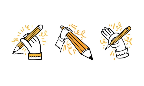 Mão Com Lápis Conjunto Ilustração Vetorial Esboço Desenhado Mão Estilo —  Vetores de Stock