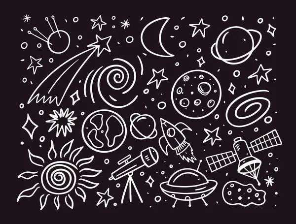 stock vector Set space or cosmos elements and objects doodle style. Hand drawn outline vector illustration isolated on black background.