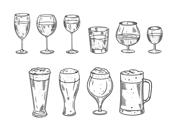 Handgezogene Gläser Cocktails Und Bier Set Schwarz Weiße Vektorillustration Skizzenstil — Stockvektor