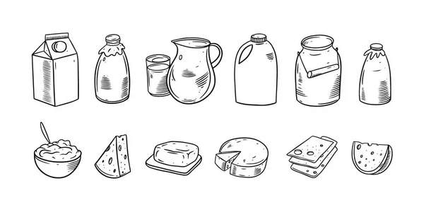 Productos Lácteos Conjunto Dibujado Mano Doodle Estilo Vector Ilustración Aislado — Vector de stock