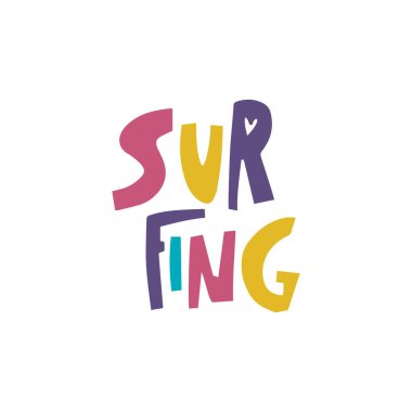 El çizimi renkli sörf kelimesinin harfleri. Çocuklar yaz tatili ve tişört tasarlıyor..