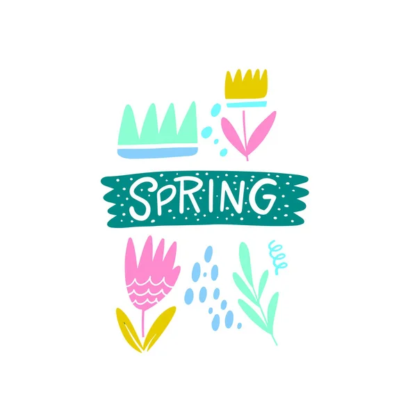 春の単語レタリングテキストカラフルな手描きベクトルイラスト 花と抽象的な要素のシンボル — ストックベクタ