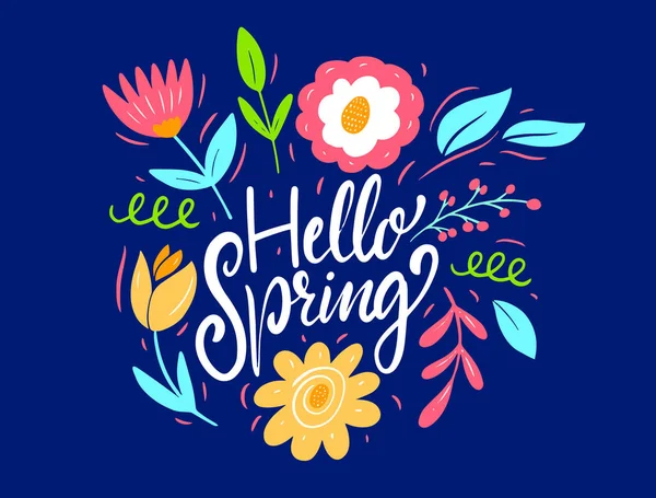 Witam Wiosna Strony Rysowane Kolorowe Litery Kwiaty Zestaw Karta Okolicznościowa — Wektor stockowy