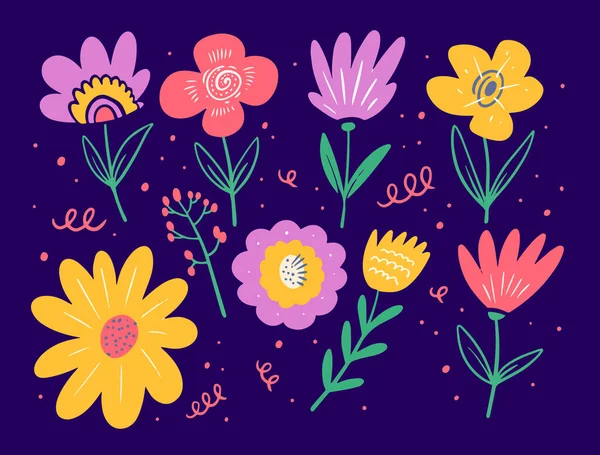 Flowers Set Cartoon Style Colored Vector Illustration Isolated Violet Background — Stock Vector