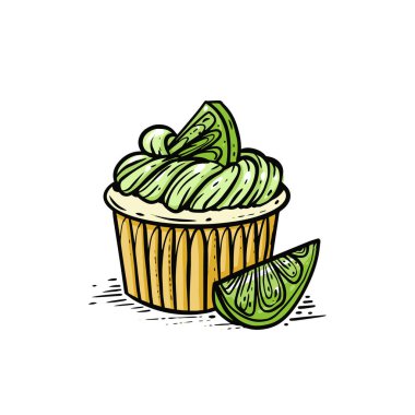 Menü, kafe ve poster için el çizimi kireçli kek kabartma stili vektör sanat çizimi.