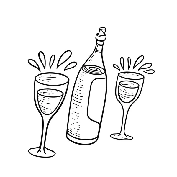 Handgezeichnete Flasche Und Gläser Mit Schwarzem Farbvektor Auf Weißem Hintergrund — Stockvektor