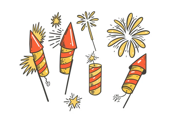 Ракетный Фейерверк Рисовал Набор Векторных Иллюстраций Дизайн Праздничных Вечеринок — стоковый вектор