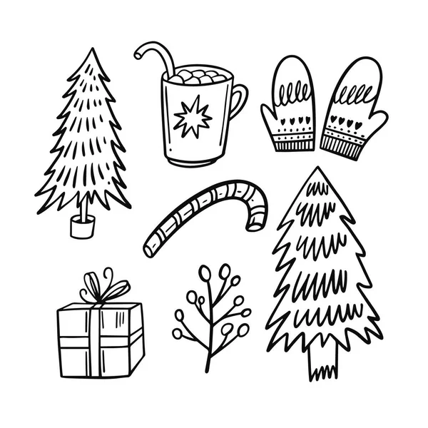 Ručně Kreslené Černá Barva Vánoční Set Objekty Prvky Vektorové Umění — Stockový vektor