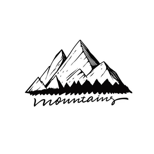 山の輪郭ロゴ手描き黒のカラーベクトルアートイラスト白の背景に隔離 — ストックベクタ