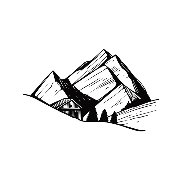 手描きの黒の看板ロゴ山ベクトルアートイラスト白の背景に隔離 — ストックベクタ