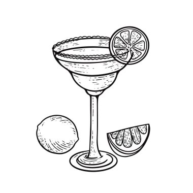 El çizimi siyah margarita kokteyl gravür stili. Vektör sanatı çizimi beyaz arkaplanda izole edildi.