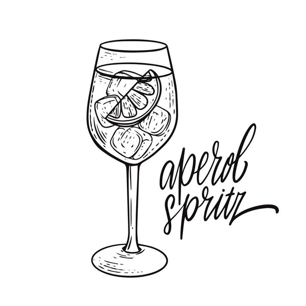 Hand drawn black outline spritz cocktail vector art illustration isolated on white background.