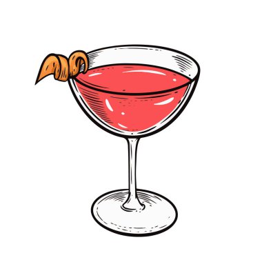 Camdan elde kırmızı renkli kokteyl renkli karikatür çizim stili sanat çizimi.