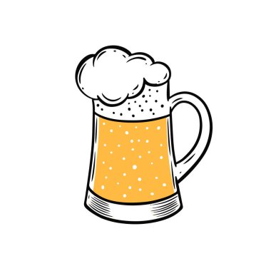 Hand drawn black outline color and yellow color beer glass vector illustration isolated on white background.