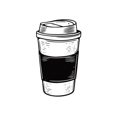 Paper cup coffee to go hand drawn black color sketch style vector art illustration isolated on white background.