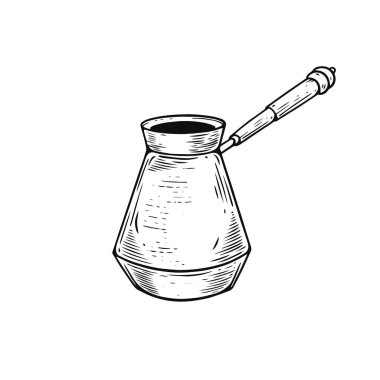 Classic coffee maker hand drawn engraving style vector art illustration isolated on white background.