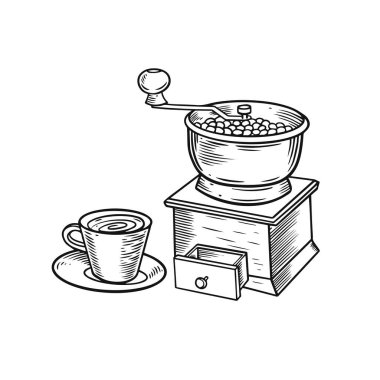 Coffee grinder and cup hand drawn black color outline engraving style. Vector illustration on white background.