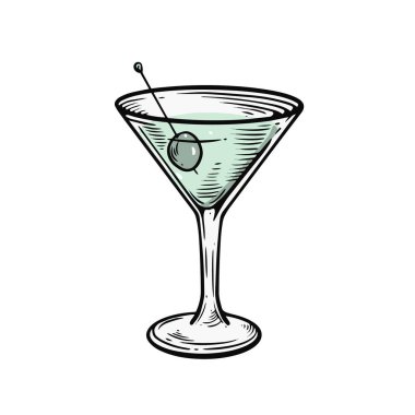 Martini cocktail engraving style hand drawn cartoon vector art illustration isolated on white background.