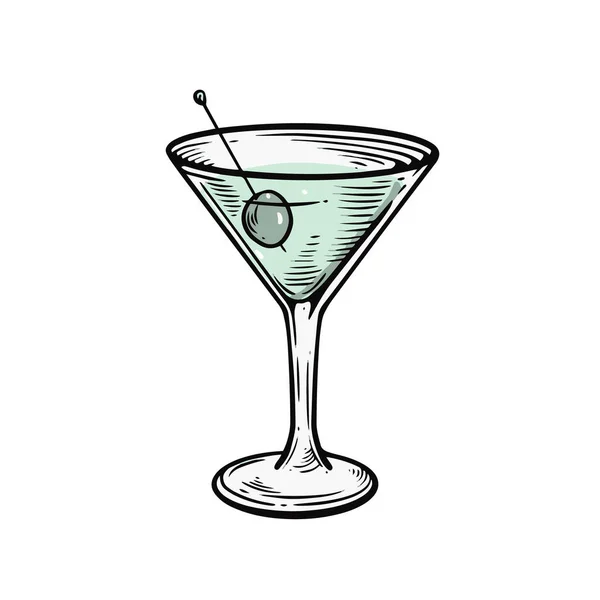 Martini Cocktail Engraving Style Hand Drawn Cartoon Vector Art Illustration — Vettoriale Stock