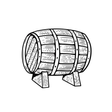 Bira fıçısı gravür stili siyah renk sanat vektörü çizimi beyaz arkaplanda izole edildi.