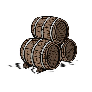 Hand drawn barrels composition engraving style colorful vector art illustration isolated on whit background.