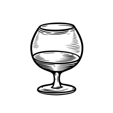 Cognac or whiskey glass hand drawn black color engraving retro style vector art.