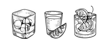 Set cocktails in engraving style monochrome color vector vintage illustration isolated on white background.