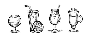 Engraving style cocktails set vector art illustration isolated on white background.