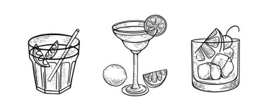 Monochrome cocktails set with lemon and ice cubes. Engraving style vector art illustration isolated on white background.