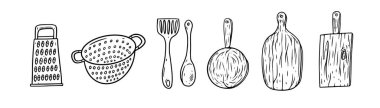Kitchen tools set black color outline sketch vector art illustration isolated on white background.