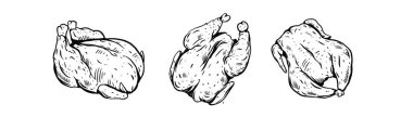 Chicken grill set black outline sketch style vector art illustration isolated on white background.