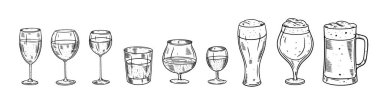 Hand drawn drinks in glass mugs and glasses set outline black color sketch style vector illustration.