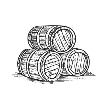 Barrels stacked black color engraving style vector illustration isolated on white background.