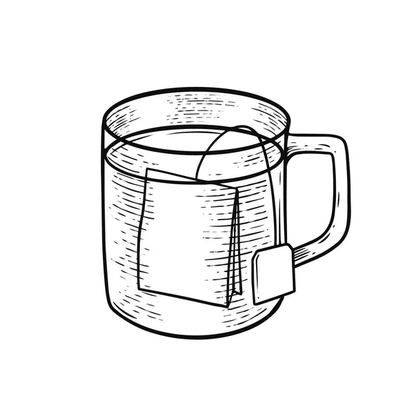 Tea Package Mug Glass Hand Drawn Black Color Outline Engraving — Stock Vector