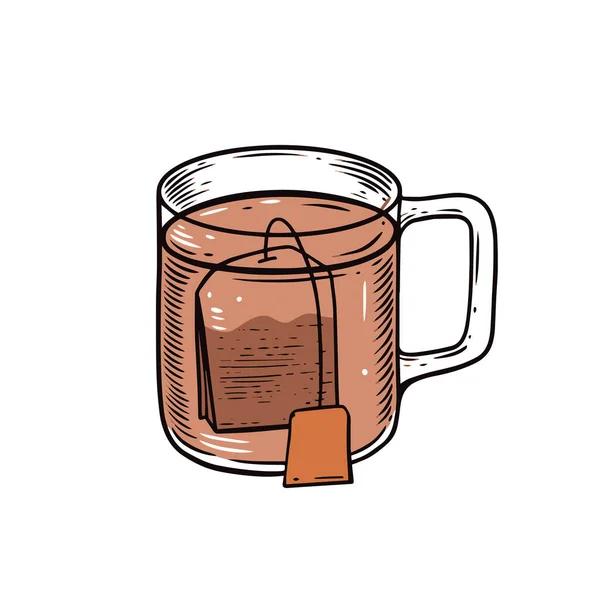 Bebida Chá Copo Vidro Estilo Esboço Vetor Arte Ilustração Isolado — Vetor de Stock