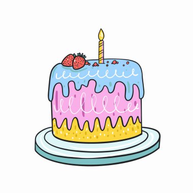 Renkli taslak biçimli doğum günü pastası çizimi beyaz arkaplanda izole edilmiş.