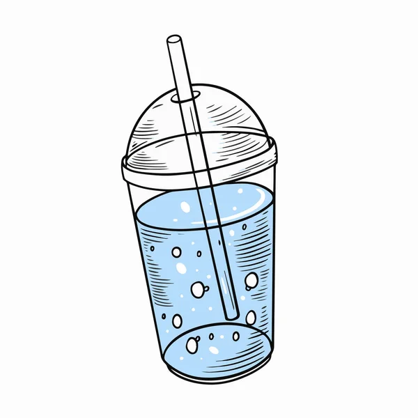 Handgezeichnetes Blaues Wasser Oder Cocktail Plastikbecher Umriss Stil Vektor Art — Stockvektor