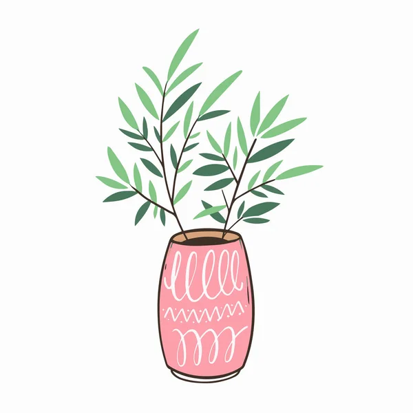 Pote Home Rosa Com Planta Verde Esboço Estilo Vetor Ilustração —  Vetores de Stock