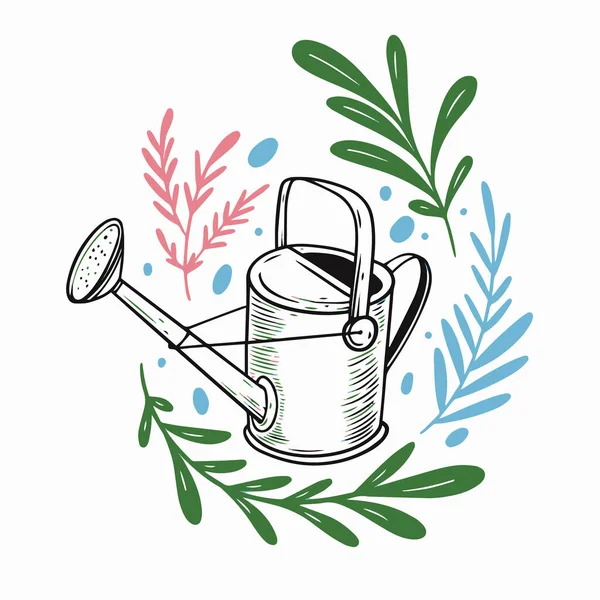 Watering Can Plants Colorful Flat Style Spring Season Vector Art — Stock Vector