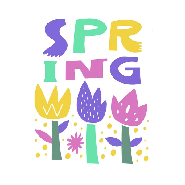 Wiosna Słowo Liternictwo Tekst Kwiaty Sezon Kolorowe Znak Wektor Ilustracja — Wektor stockowy