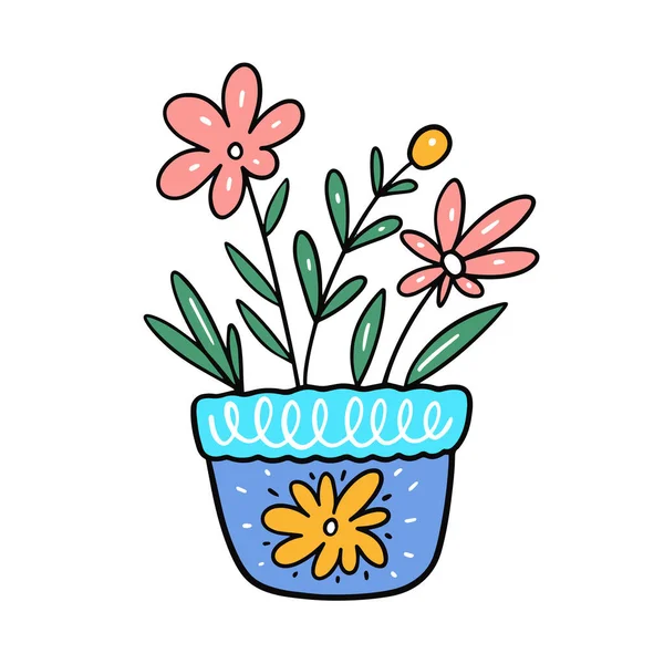 Flor Casa Pote Contorno Estilo Primavera Tiempo Colorido Dibujo Animado — Vector de stock