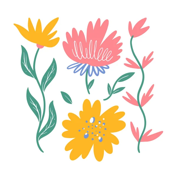 Fleurs Colorées Style Dessin Animé Ensemble Plante Botanique Vecteur Illustration — Image vectorielle