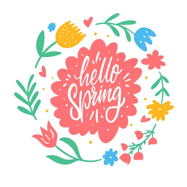 Hallo Frühling Weiße Farbe Kalligraphie Phrase Und Frühling Saison Blume — Stockvektor