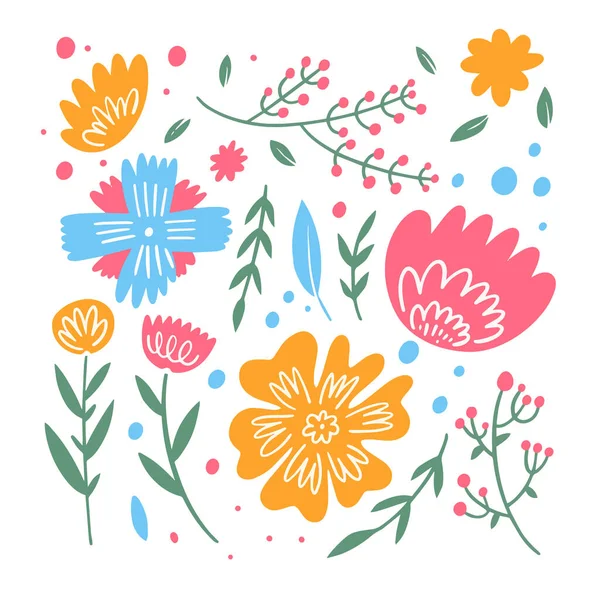 Flores Coloridas Ramas Hojas Ilustración Arte Vectorial Primavera — Vector de stock