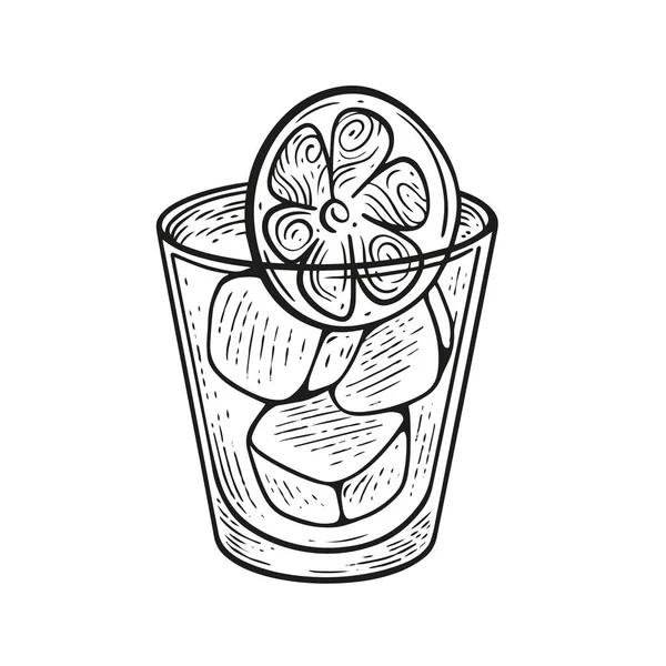 Cocktail Glasses Lemon Slice Ice Cubes Engraving Style Sketch Art — Stock Vector