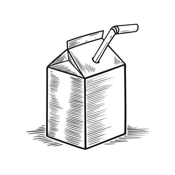Пакет Соком Молочной Коробкой Черного Наброска Векторная Иллюстрация Стиля Эскиза — стоковый вектор